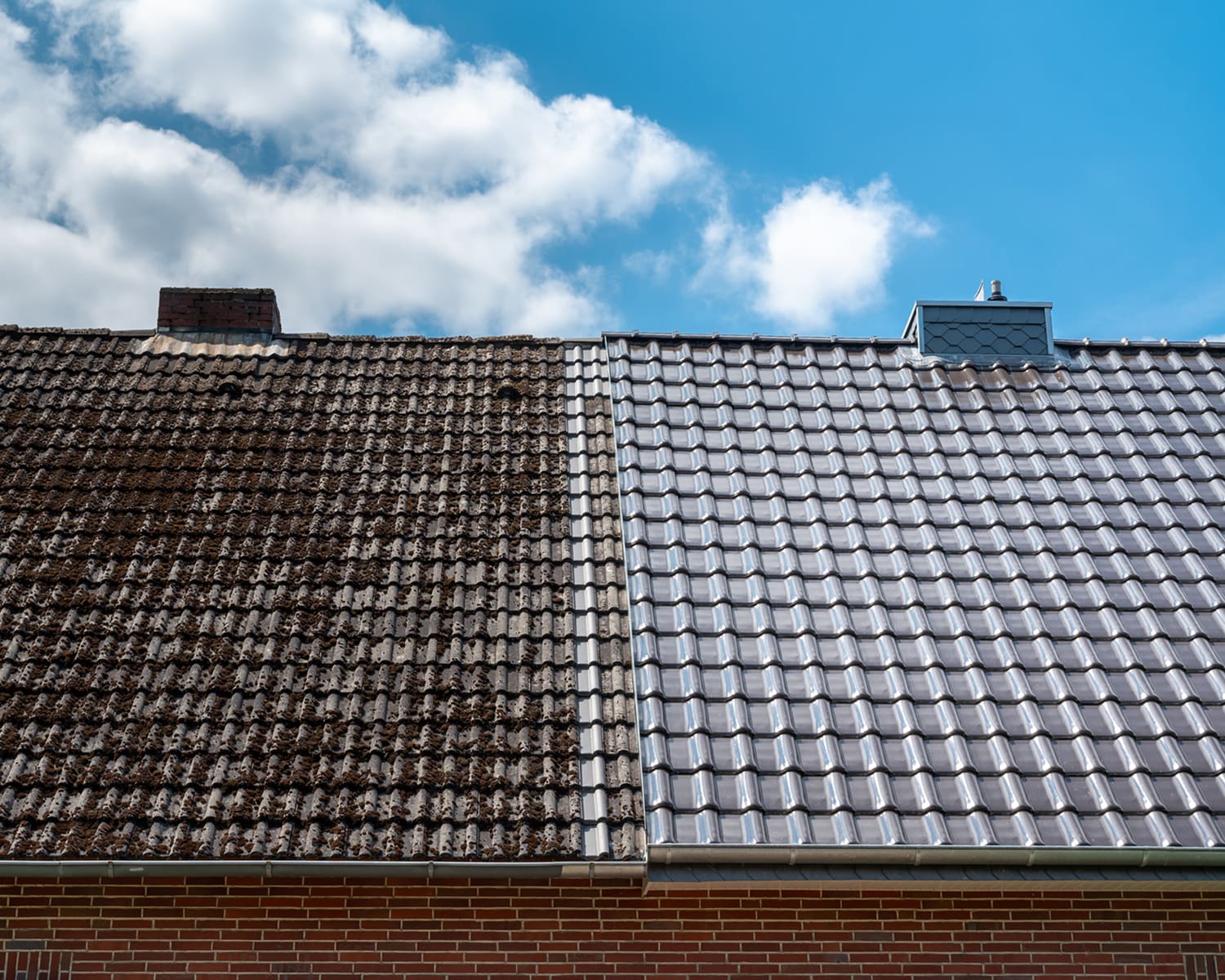 Split roof showing dirty and clean tiles