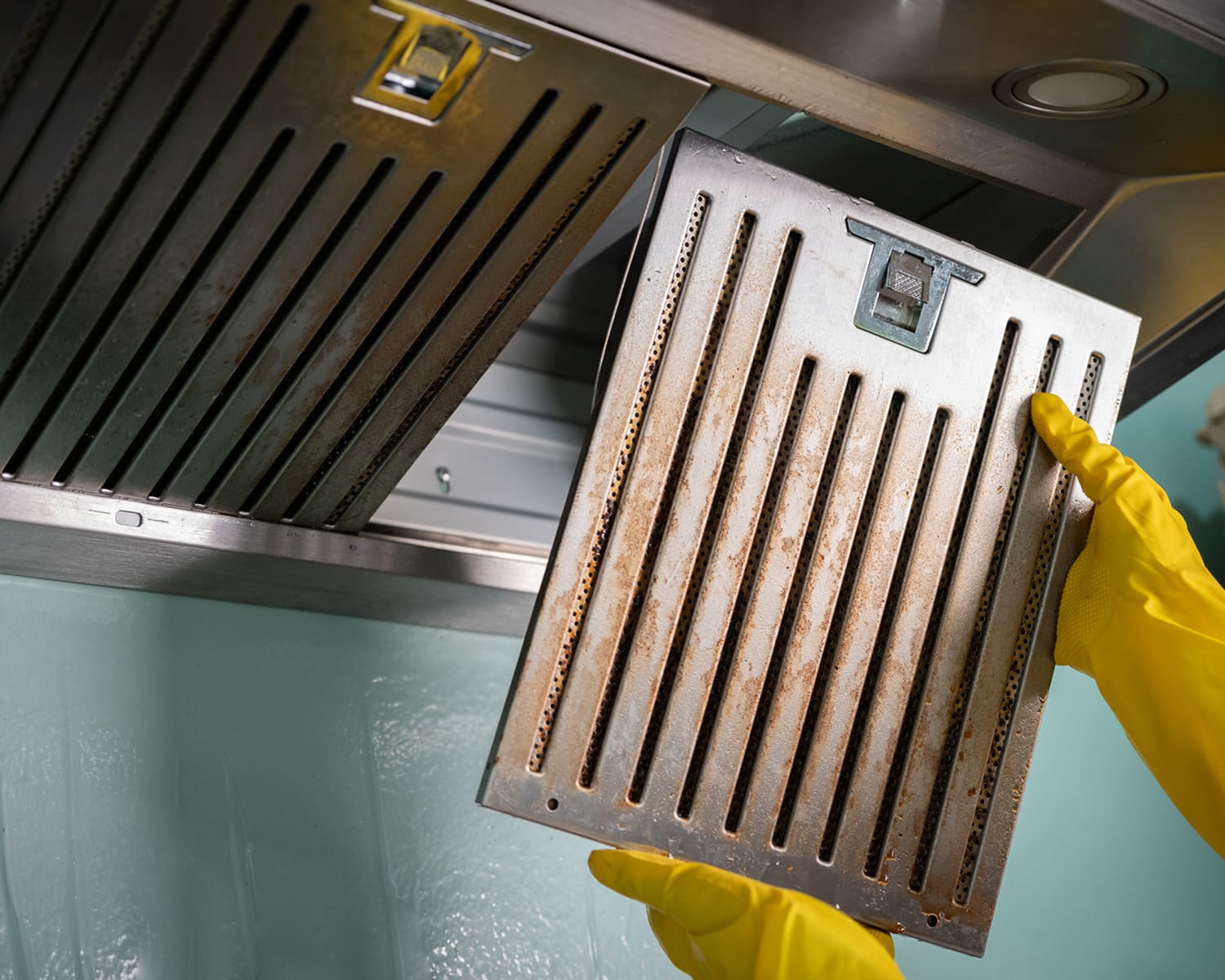 Removing greasy kitchen range hood filter
